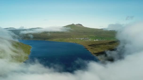 Aerial View Sorvagsvatn Lake Leitisvatn Biggest Lake Faroe Islands Flying — Stockvideo