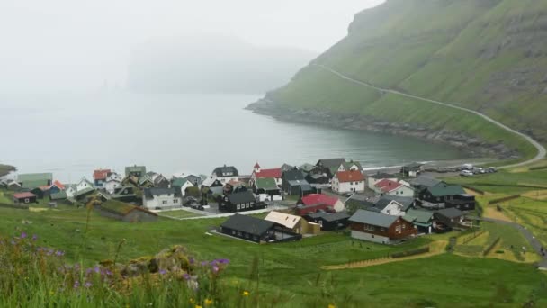 Faroese Village Tjornuvik Old Faroese Houses Middle Mist Faroese Nature — Vídeos de Stock
