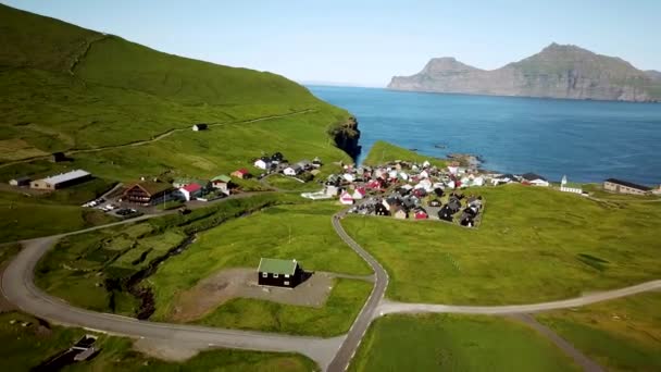 Aerial View Gjogv Village Faroe Islands Sunny Day Summer Amazing — Stok video