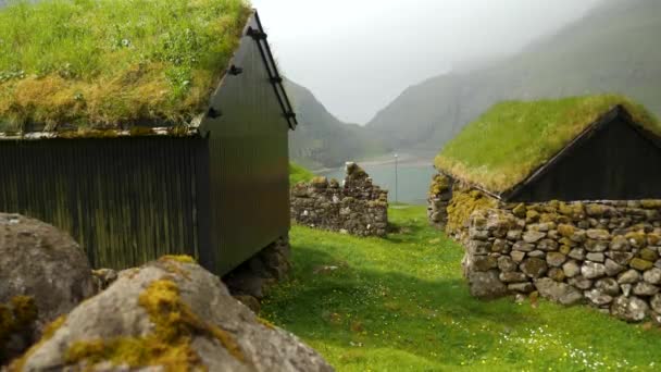 Старі Фарерські Будинки Посеред Природи Типовий Старий Будинок Фарерських Островах — стокове відео
