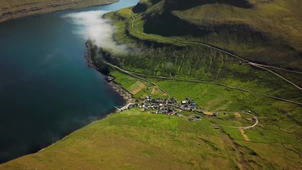 Aerial View Funningur Village Faroe Islands Sunny Day Summer Amazing — Video Stock