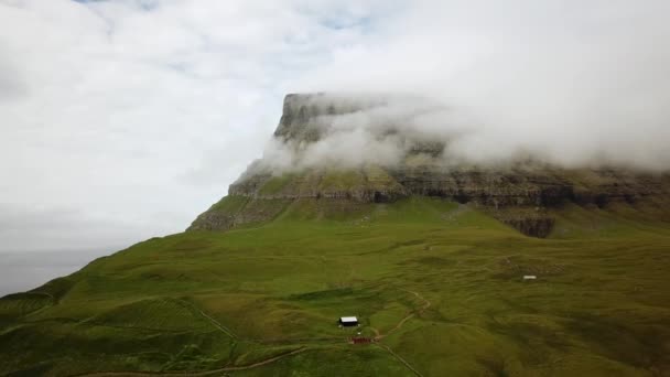 Aerial View Arnafjall Mountain Hidden Fog Faroe Islands Small Village — Stock videók