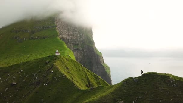 Aerial Drone View Kalsoy Island Man Standing Cliff Faroe Islands — Stock Video
