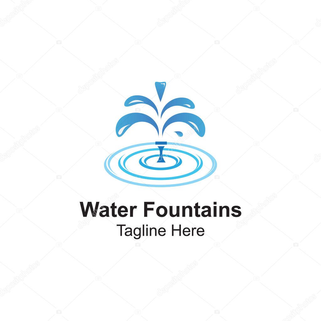Water Fountains Logo Design Template With Pond-Water jet fountain logo template. Linear fountain silhouette design. Water splash logotype,