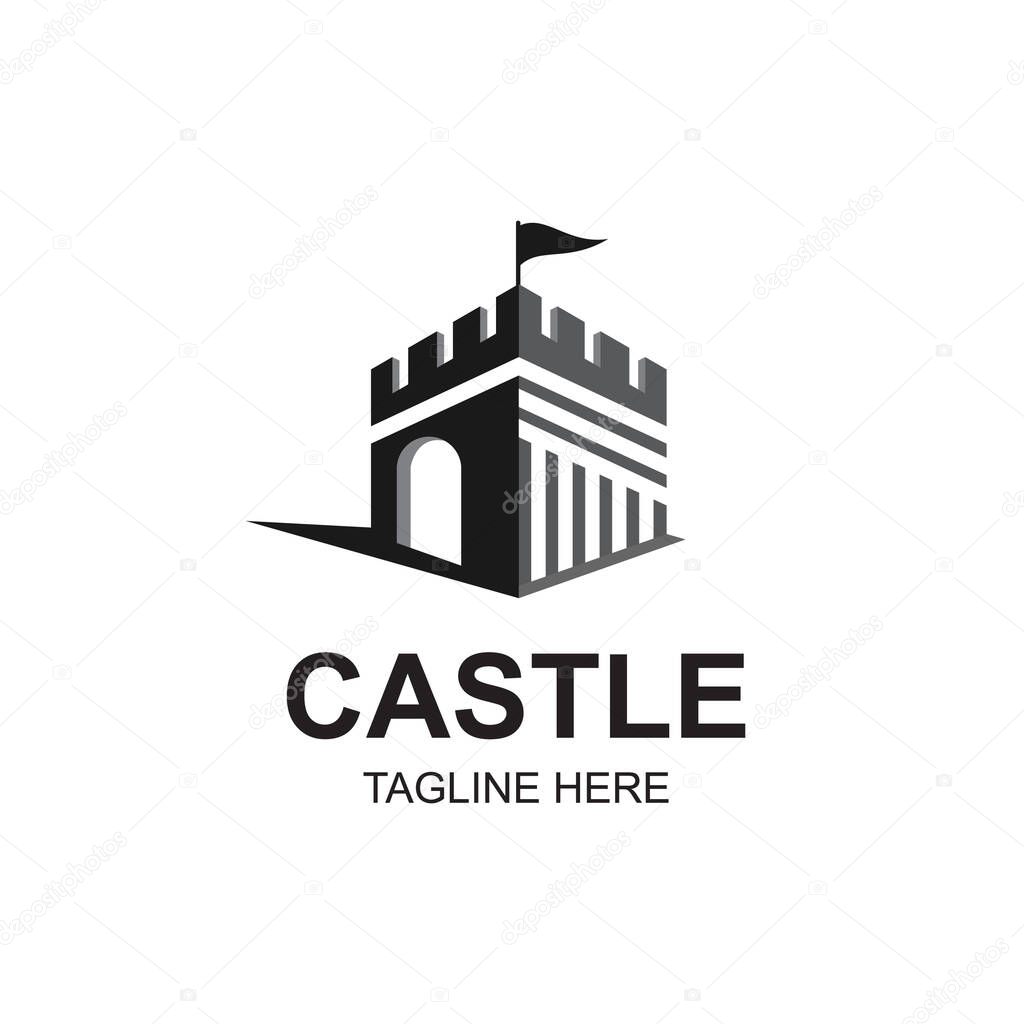 Castle Logo Design Template-Authentic Castle tower and shield silhouette for real estate, protect systems.