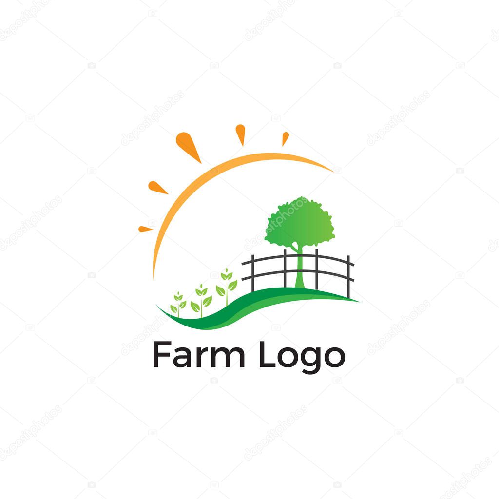 Farm logo template with sun, tree, and plant.