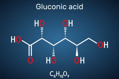 Glukonik asit, C6H12O7 molekülü. Bu PHA, polihidroksi asit. Tuz glukonat olarak bilinir. Koyu mavi arkaplanda yapısal kimyasal formül. Vektör illüstrasyonu