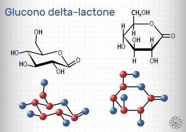 Glucono-delta-lactone, gluconolactone, GDL molekülü. PHA, polihidroksi asit, doğal besin katkı maddesi E575. Yapısal kimyasal formül, molekül modeli. Kafesteki bir kağıt parçası. Vektör illüstrasyonu