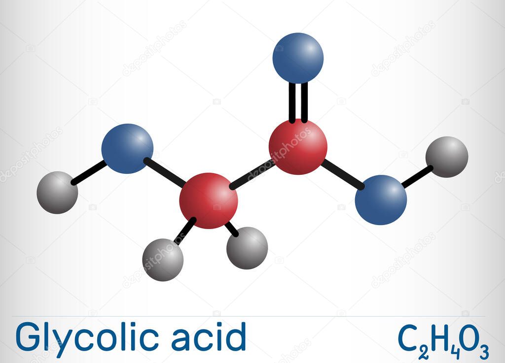 Glycolic acid, hydroacetic or hydroxyacetic acid, C2H4O3 molecule. It is alpha hydroxy acid, AHA.  Molecule model. Vector illustration