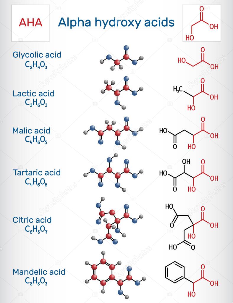 Alpha hydroxy acids, AHA. Glycolic C2H4O3, lactic C3H6O3, malic C4H6O5, tartaric C4H6O6, citric C6H8O7, mandelic acid C8H8O3 molecule. Structural chemical formula, molecule model. Vector illustration