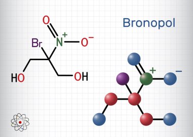 Bronopol molekülü. Koruyucudur, mikrobisit ya da mikro biostat olarak kullanılır. Yapısal kimyasal formül ve molekül modeli. Kâğıtta bir sayfa kağıt. Vektör illüstrasyonu