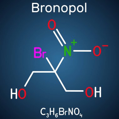 Bronopol molekülü. Koruyucudur, mikrobisit ya da mikro biostat olarak kullanılır. Koyu mavi arkaplanda yapısal kimyasal formül. Vektör illüstrasyonu