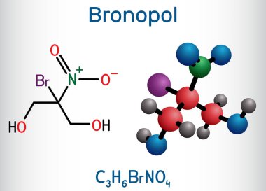 Bronopol molekülü. Koruyucudur, mikrobisit ya da mikro biostat olarak kullanılır. Yapısal kimyasal formül ve molekül modeli. Vektör illüstrasyonu