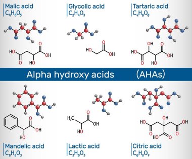 Alfa hidroksi asitler, AHA. Glikolik C2H4O3, laktik C3H6O3, habis C4H6O5, tartarik C4H6O6, sitrik C6H8O7, mandelik asit C8H8O3 molekülü. Yapısal kimyasal formül, molekül modeli. Vektör illüstrasyonu