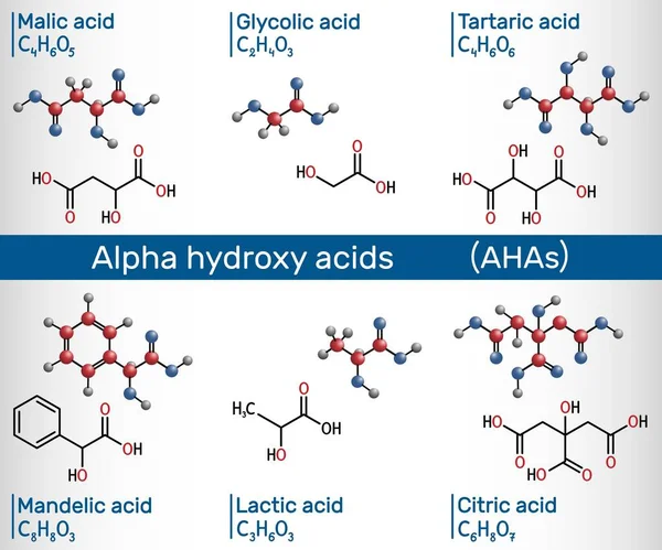 Ácidos Alfa Hidroxídicos Aha C2H4O3 Glicólico C3H6O3 Láctico C4H6O5 Málico —  Vetores de Stock