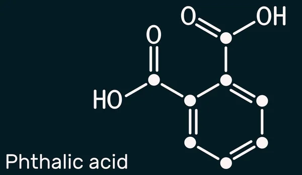 邻苯二甲酸 苯二甲酸分子 它是一种芳香的双羧酸 深蓝色背景上的骨骼化学式 说明1 — 图库照片