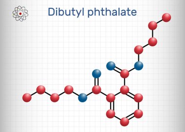 Dibütil ftalat, DBP molekülü. Bu ftalat ester, diester. Çevresel kirletici, teratojenik etken, plastikçi. Yapısal kimyasal formül. Kafesteki bir kağıt parçası. Vektör illüstrasyonu