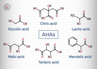 Alfa hidroksi asitler, AHA. Glikolik C2H4O3, laktik C3H6O3, habis C4H6O5, tartarik C4H6O6, sitrik C6H8O7, mandelik asit C8H8O3 molekülü. Kafesteki bir kağıt parçası. Vektör illüstrasyonu