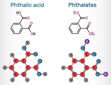 Ftalik asit (ortofalik asit) ve ftalat (ortopedik asit) molekülü. Yapısal kimyasal formül ve molekül modeli. Vektör illüstrasyonu
