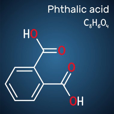 Ftalik asit, benzenedikarboksilik asit molekülü. Bu aromatik dikarboksilik asit. Koyu mavi arkaplanda yapısal kimyasal formül. Vektör illüstrasyonu