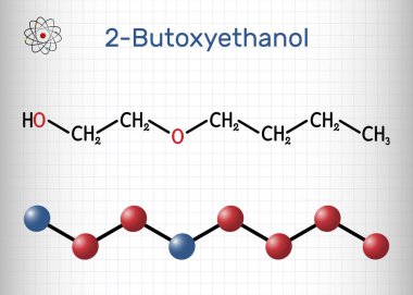 2-Butoxetthanol, butoxetthanol molekülü. Birincil alkol ve eter. Çözücü olarak, boya ve cila yapımında kullanılır. Yapısal kimyasal formül ve molekül modeli. Kafesteki bir kağıt parçası. Vektör illüstrasyonu