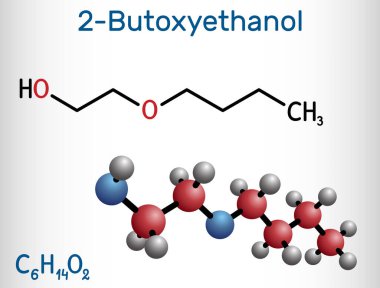 2-Butoxetthanol, butoxetthanol molekülü. Birincil alkol ve eter. Çözücü olarak, boya ve cila yapımında kullanılır. Yapısal kimyasal formül ve molekül modeli. Vektör illüstrasyonu