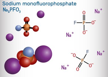 Sodyum monoflorofosfat, MFP, Na2PO3F molekülü. İnorganik fosfat, antibakteriyel madde, çürüklere karşı korur. Yapısal kimyasal formül, molekül modeli. Vektör illüstrasyonu
