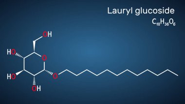 Lauryl glukoz, dodemil glukoz molekülü. Kozmetik ve çamaşır deterjanlarında kullanılan iyonik olmayan bir madde. Koyu mavi arkaplanda yapısal kimyasal formül. Vektör illüstrasyonu