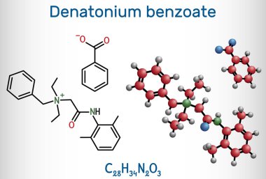 Denatonyum benzoat molekülü. Bilim tarafından bilinen en acı tatlara sahip bileşik. Yapısal kimyasal formül ve molekül modeli. Vektör illüstrasyonu