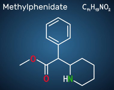 Metilfenidat, MP, MPH molekülü. Merkezi sinir sistemi uyarıcısı. Dikkat Eksikliği Hiperaktivite Bozukluğu, ADHD tedavisinde kullanılır. Koyu mavi arkaplanda yapısal formül. Vektör illüstrasyonu