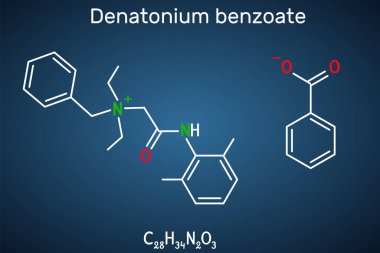 Denatonyum benzoat molekülü. Bilim tarafından bilinen en acı tatlara sahip bileşik. Koyu mavi arkaplanda yapısal kimyasal formül. Vektör illüstrasyonu
