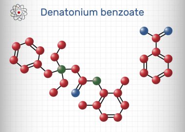 Denatonyum benzoat molekülü. Bilim tarafından bilinen en acı tatlara sahip bileşik. Yapısal kimyasal formül ve molekül modeli. Kafesteki bir kağıt parçası. Vektör illüstrasyonu