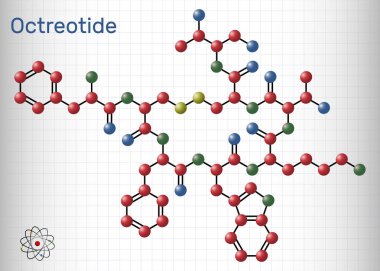 Oktreotid molekülü. Okteptid, sentetik somatostatin analogu büyüme hormonu, glukagon ve insülin inhibitörü. Molekül modeli. Kafesteki bir kağıt parçası. Vektör illüstrasyonu