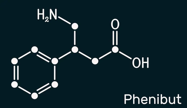Phenibut molecule. It is central nervous system depressant with anxiolytic and sedative effects. Skeletal chemical formula on the dark blue background. Illustration
