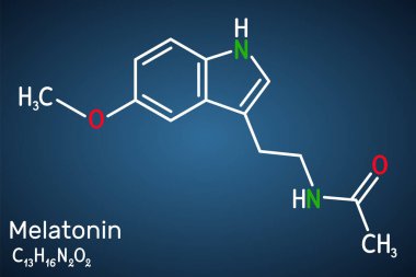 Melatonin molekülü, uyku ve uyanıklığı düzenleyen hormon. Koyu mavi arkaplanda yapısal kimyasal formül. Vektör illüstrasyonu