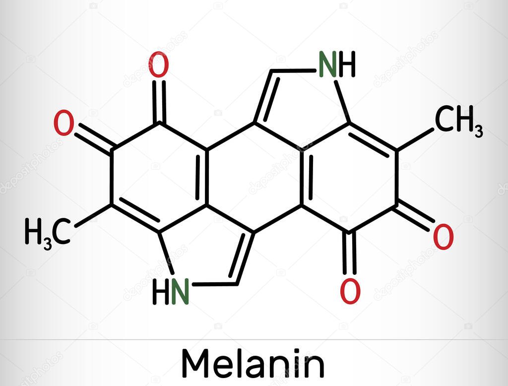 Melanin  molecule. Polymers of tyrosine derivatives found in and causing darkness in skin (skin pigmentation) and hair. Structural chemical formula. Vector illustration