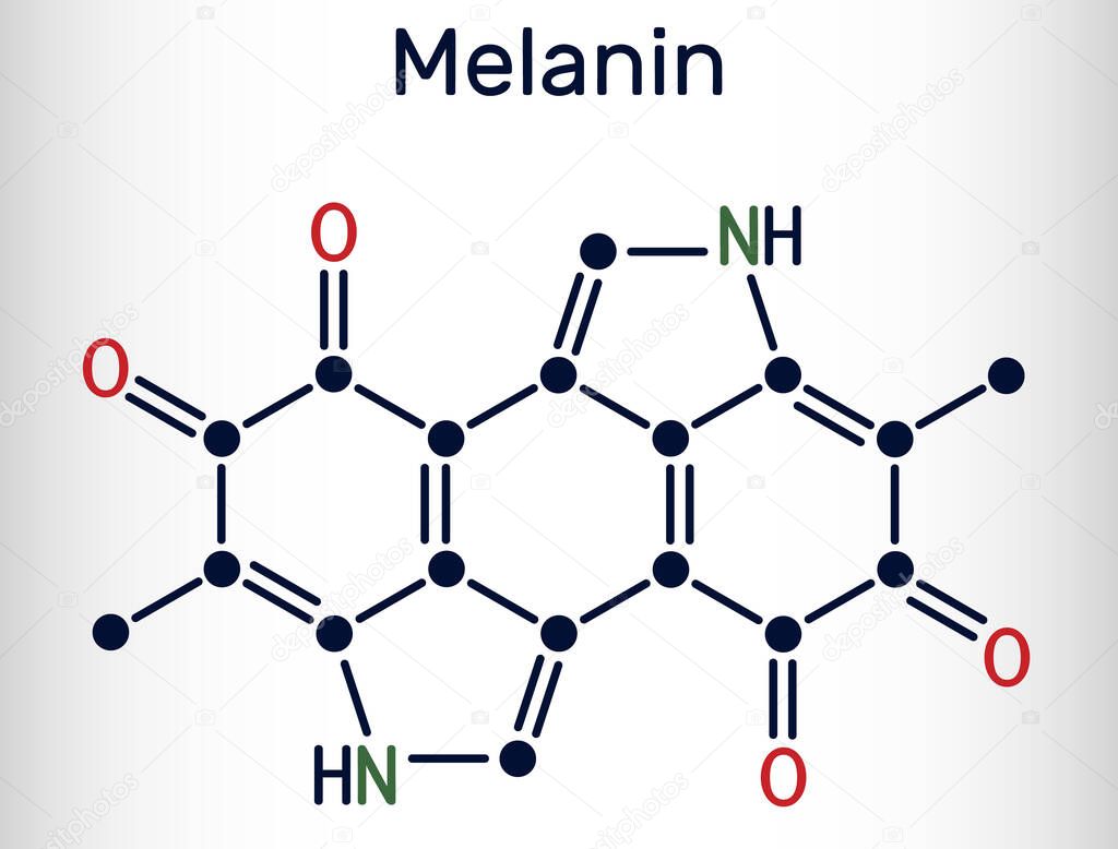 Melanin  molecule. Polymers of tyrosine derivatives found in and causing darkness in skin (skin pigmentation) and hair. Skeletal chemical formula.Vector illustration