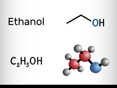 Etanol, C2H5OH molekülü. Bu birincil alkol, bir alkil alkol. Yapısal kimyasal formül ve molekül modeli. Vektör illüstrasyonu