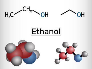Etanol, C2H5OH molekülü. Bu birincil alkol, bir alkil alkol. Yapısal kimyasal formül ve molekül modeli. Vektör illüstrasyonu
