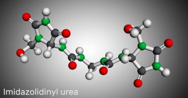 Imidazolidinyl urea, imidurea molekülü. Kozmetik ve formaldehit salınımında kullanılan mikrop önleyici. Moleküler model. 3 boyutlu görüntüleme. Görüntü