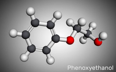 Fenokyetanol birincil alkol molekülü. Glikol eter, antienfeksiyon faktörü, koruyucu, antiseptik, çözücü. Moleküler model. 3 boyutlu görüntüleme. Görüntü