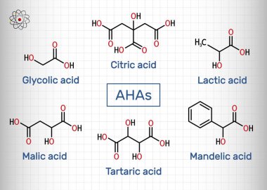 Alfa hidroksi asitler, AHA. Glikolik C2H4O3, laktik C3H6O3, habis C4H6O5, tartarik C4H6O6, sitrik C6H8O7, mandelik asit C8H8O3 molekülü. Kafesteki bir kağıt parçası. Vektör illüstrasyonu