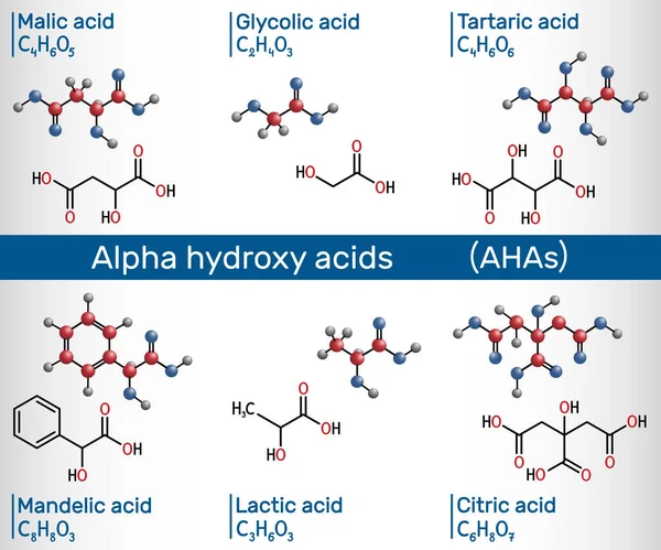 Ácidos Alfa Hidroxi Aha C2H4O3 Glicólico C3H6O3 Láctico C4H6O5 Málico — Vector de stock