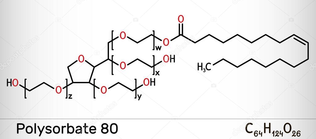 Polysorbate 80 molecule. Polysorbate is nonionic surfactant and emulsifier. Structural chemical formula and molecule model. Vector illustration