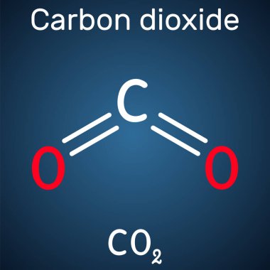 Karbondioksit, karbondioksit molekülü. Karbonik anhidrat, bir karbonlu bileşik, her oksijen atomuna çift bağ ile karbon bağlanıyor. Yapısal kimyasal formül, koyu mavi arkaplan. Vektör 