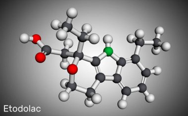 Etodolac molekülü. Steroid içermeyen, antienflamatuar, ağrı kesici ve antipiretik özellikleri olan NSAID ilacıdır. Moleküler model. 3 boyutlu görüntüleme. Görüntü