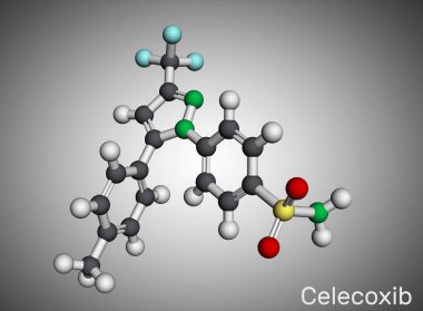 Celecoxib molekülü. Bu, COX-2 inhibitörü ve steroidal olmayan iltihap (NSAID). Kemik iltihabı, romatizma, akut ağrı tedavisinde kullanılır. Moleküler model. 3 boyutlu görüntüleme. Görüntü