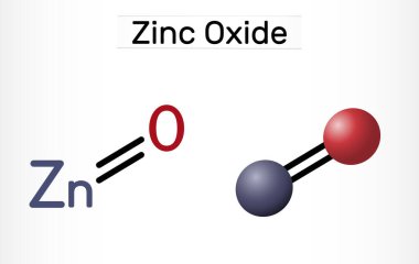 Zinc oxide, ZnO molecule. It is inorganic compound, mineral ingredient of various pharmacological preparations. Structural chemical formula, molecule model. Vector illustration clipart