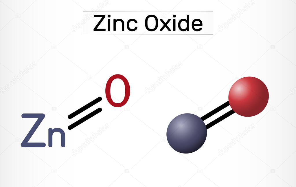 Zinc oxide, ZnO molecule. It is inorganic compound, mineral ingredient of various pharmacological preparations. Structural chemical formula, molecule model. Vector illustration