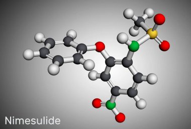 Nimesulide molekülü. Nispeten COX-2 seçici, steroit içermeyen, iltihap önleyici bir ilaç. NSAID, akut ağrıyı tedavi etmekte kullanılır. Moleküler model. 3 boyutlu görüntüleme. Görüntü